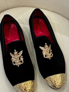 Meijiana mens Black Velvet Gold-Embellished Men's Loafers